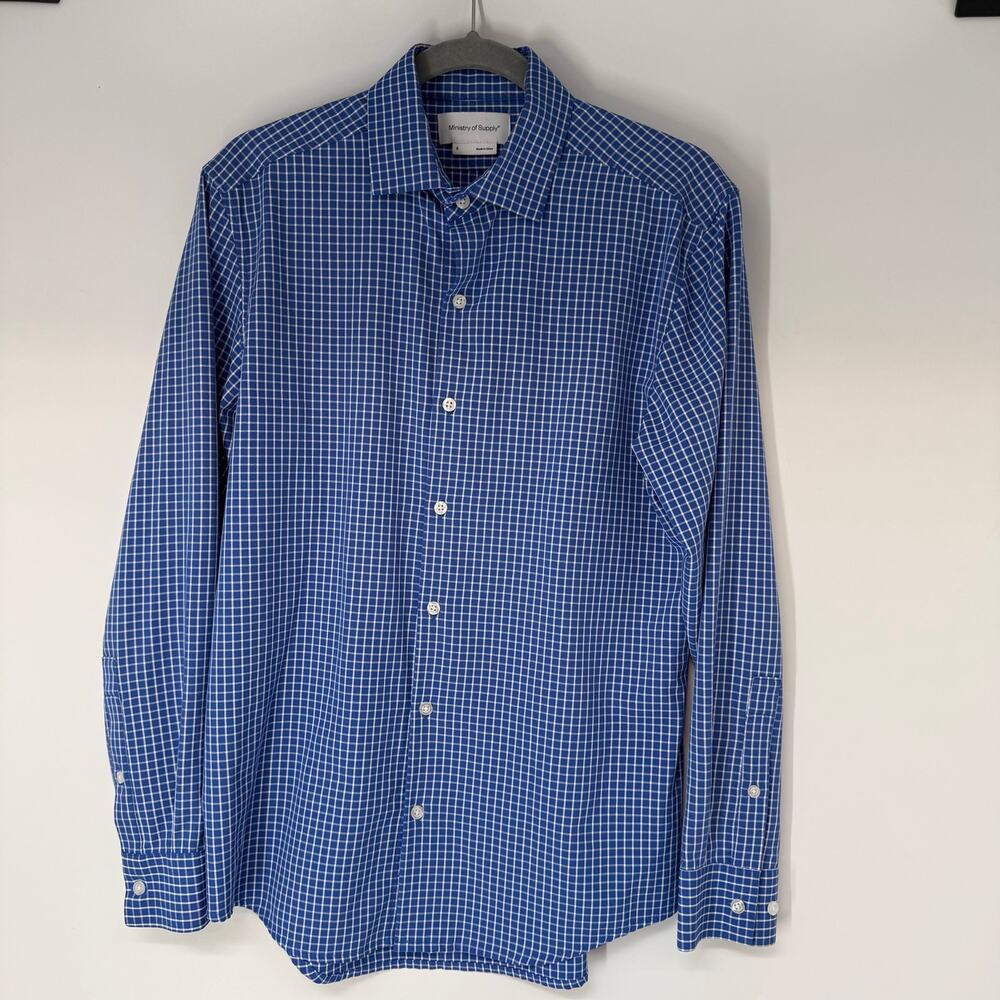 Ministry of Supply Button-Up Shirt Mens Small Blue White Checkered Long Sleeve